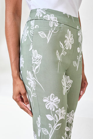 Bengaline Pull‑On Capris with Floral Motif-Moss