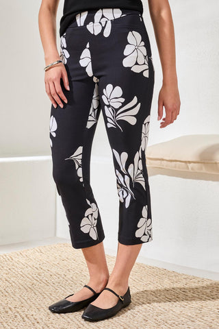 Bengaline Pull‑On Capris with Floral Motif-Jetblack