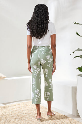 Bengaline Pull‑On Capris with Floral Motif-Moss