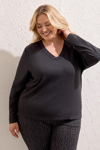 Size Inclusive Long Sleeve Classic V-Neck Top-Black