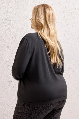 Size Inclusive Long Sleeve Classic V-Neck Top-Black