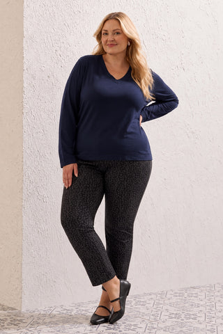 Size Inclusive Long Sleeve Classic V-Neck Top-Sapphire