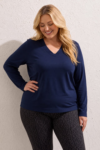 Size Inclusive Long Sleeve Classic V-Neck Top-Sapphire