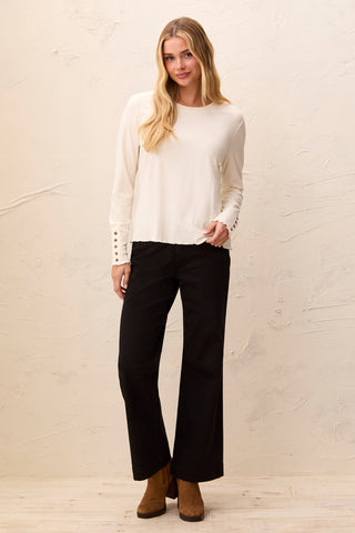 Soft Viscose Long Sleeve Button Cuff Knit Top-Moonstone