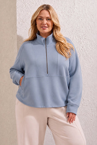 Taille Inclusive Chandail à Col Montant Zippé en Scuba TECHNO LUX-Brouillard bleu