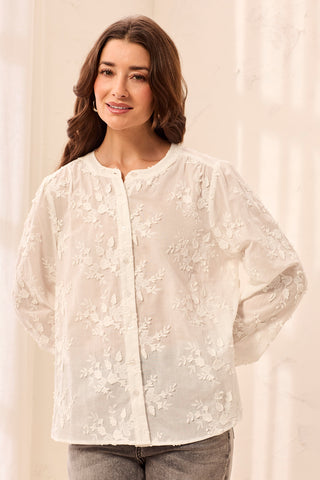 Blouse À Manches Longues Et Col Tunisien À Broderies Florales-Crème