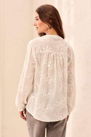 Blouse À Manches Longues Et Col Tunisien À Broderies Florales-Crème
