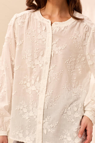 Blouse À Manches Longues Et Col Tunisien À Broderies Florales-Crème
