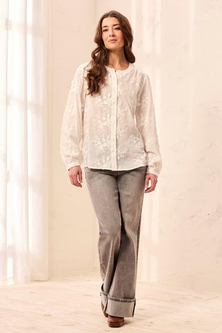 Blouse À Manches Longues Et Col Tunisien À Broderies Florales-Crème