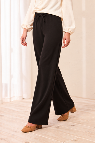 Signature Luxury Twill Flowy Wide Leg Drawcord Pants-Black