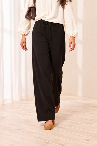 Signature Luxury Twill Flowy Wide Leg Drawcord Pants-Black