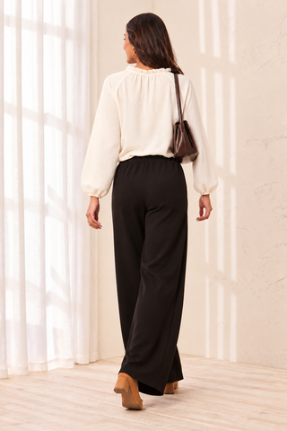 Signature Luxury Twill Flowy Wide Leg Drawcord Pants-Black
