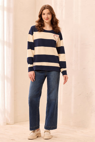 Embroidered Heart Drop Shoulder Cotton Pullover -Jet blue