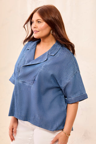 Size Inclusive Flowy Popover Denim Shirt With Short Sleeves-Fjordblue