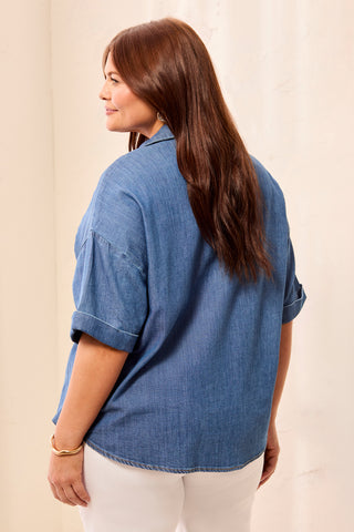 Size Inclusive Flowy Popover Denim Shirt With Short Sleeves-Fjordblue