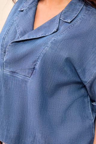 Size Inclusive Flowy Popover Denim Shirt With Short Sleeves-Fjordblue