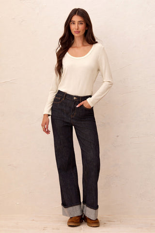 Soft French Terry Scoop Neck Long Sleeve Top-Cream