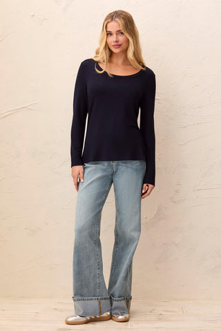 Soft French Terry Scoop Neck Long Sleeve Top-Nightfall