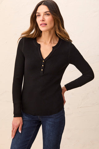 Brushed Waffle Knit Henley Long Sleeve Top-Black