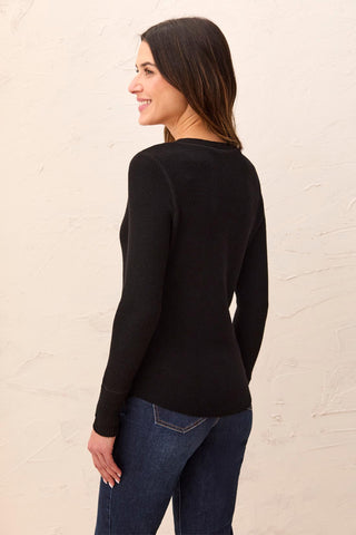 Brushed Waffle Knit Henley Long Sleeve Top-Black
