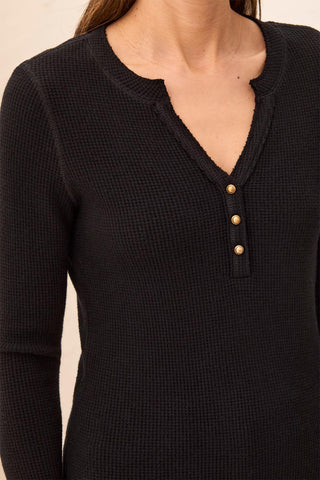 Brushed Waffle Knit Henley Long Sleeve Top-Black