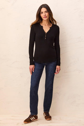 Brushed Waffle Knit Henley Long Sleeve Top-Black
