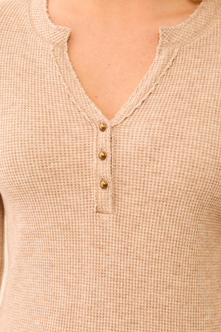 Brushed Waffle Knit Henley Long Sleeve Top-Oatmeal