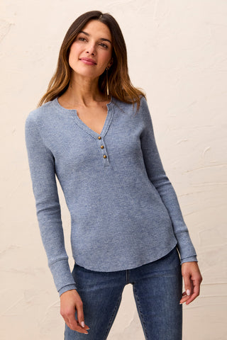Haut Henley À Manches Longues En Maille Gaufrée Brossée-Mélange Denim