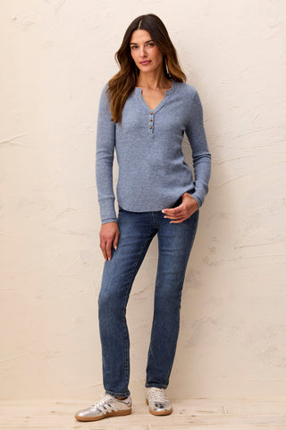 Haut Henley À Manches Longues En Maille Gaufrée Brossée-Mélange Denim