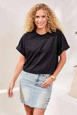 T-Shirt À Col Ras Du Cou En Coton Mercerisé Doux Au Toucher-Noir