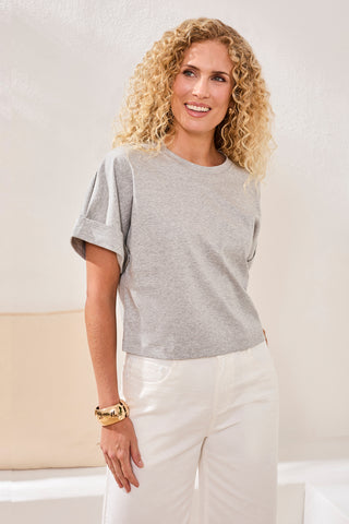 T-Shirt À Col Ras Du Cou En Coton Mercerisé Doux Au Toucher-Mélange De Gris Pâle