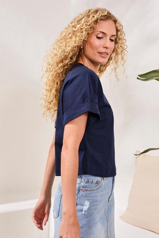 T-Shirt À Col Ras Du Cou En Coton Mercerisé Doux Au Toucher-Bleu Mer