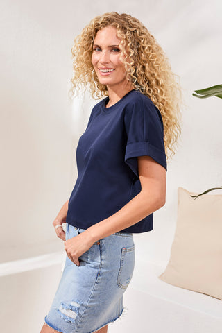 T-Shirt À Col Ras Du Cou En Coton Mercerisé Doux Au Toucher-Bleu Mer