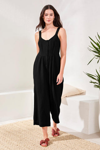 Crinkled Gauze Jumpsuit With Smocking At Back-Black