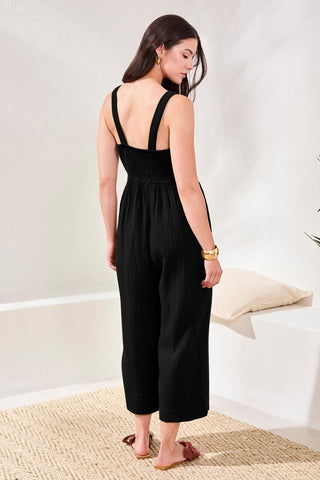 Crinkled Gauze Jumpsuit With Smocking At Back-Black