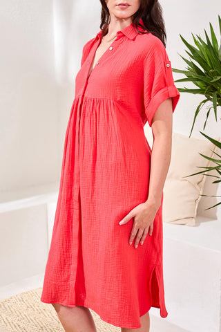 Crinkle Gauze Short Sleeve Empire Waist Midi Dress-Coralred