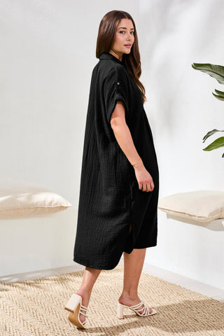 Crinkle Gauze Short Sleeve Empire Waist Midi Dress-Black