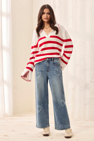 Sophia Curvy Wide-Leg Love Printed Jeans-Blueheart