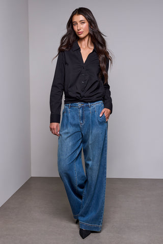 BLUE THREAD Front Knot Classic Collarded Button Front Shirt-Black