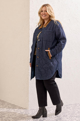 Size Inclusive Quilted Denim Jacket With Suede Trim-Rinse