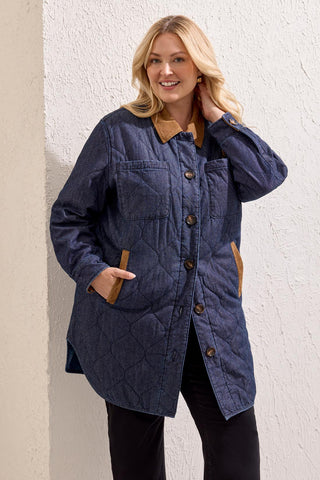 Size Inclusive Quilted Denim Jacket With Suede Trim-Rinse