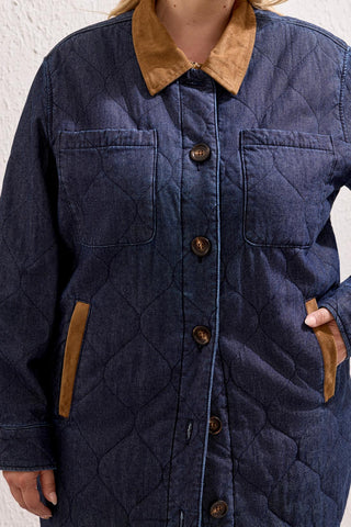 Size Inclusive Quilted Denim Jacket With Suede Trim-Rinse