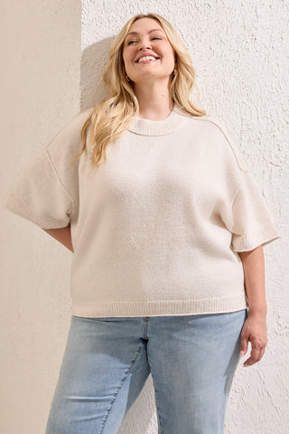 Taille Inclusive Chandail Doux À Manches Coudes Et Col Rond-Crème melange