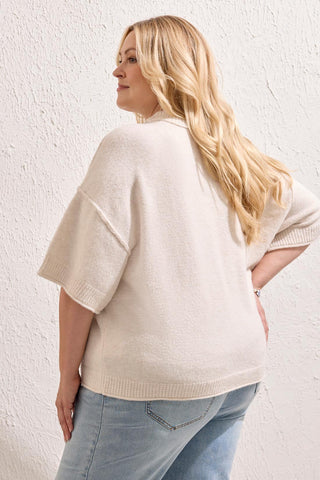 Taille Inclusive Chandail Doux À Manches Coudes Et Col Rond-Crème melange