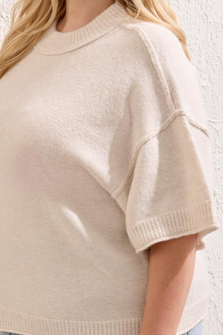 Taille Inclusive Chandail Doux À Manches Coudes Et Col Rond-Crème melange