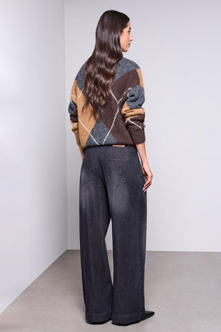 Denim Brooke Jambe Large Coupe Tailleur à Plis Devant-Film Noir