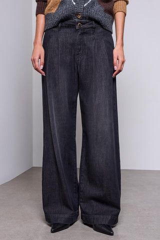 Denim Brooke Jambe Large Coupe Tailleur à Plis Devant-Film Noir