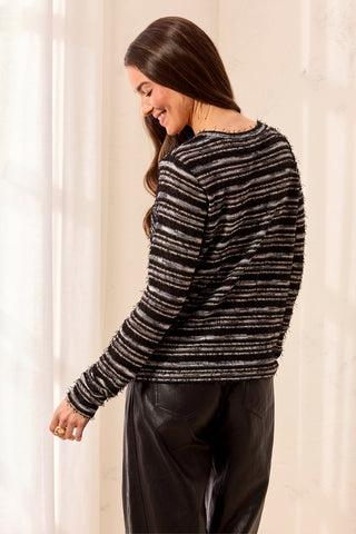 Fuzzy Textured Long Sleeve Knit Top With Twist Knot Front-Black