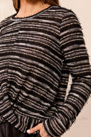 Fuzzy Textured Long Sleeve Knit Top With Twist Knot Front-Black