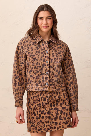 Leopard Print Cropped Denim Jacket With Patch Pockets-Leopard
